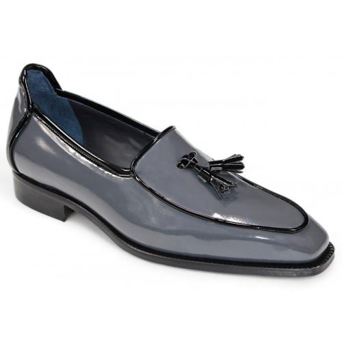 Duca Di Matiste "Fano" Grey/Black Genuine Italian Patent Leather Tassel Loafers.